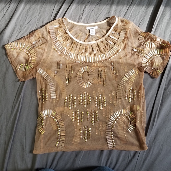Bar III mesh embellished shirt sz large tan - Picture 3 of 7